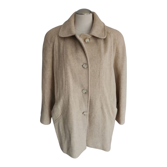 Vintage Herman Kay Wool Coat Petite L | Beige Button-Up Long Overcoat Fully Line - Picture 1 of 11
